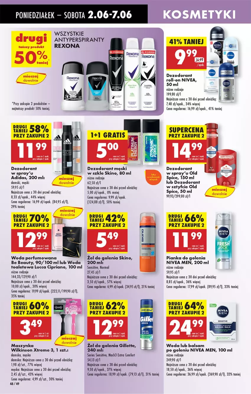 Gazetka promocyjna Biedronka - Od Poniedziałku - ważna 02.06 do 07.06.2025 - strona 52 - produkty: Adidas, Antyperspirant, Balsam po goleniu, Be Be, Dezodorant, Gillette, Mach3, Maszynka, Nivea, Nivea Men, Perfum, Pianka do golenia, Rexona, Ser, Szynka, Woda, Woda perfumowana, Woda toaletowa