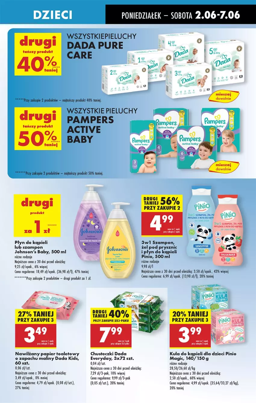 Gazetka promocyjna Biedronka - Od Poniedziałku - ważna 02.06 do 07.06.2025 - strona 55 - produkty: Chusteczki, Dada, Dzieci, Johnson's, Johnson's Baby, K2, Kula do kąpieli, Maliny, Pampers, Papier, Papier toaletowy, Pieluchy, Płyn do kąpieli, Pur, Szampon