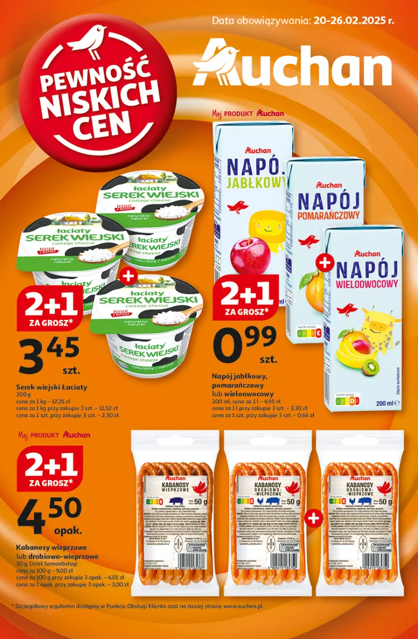 Gazetka promocyjna Auchan - Pewność Niskich Cen Hipermarket - ważna 20.02 do 26.02.2025 - strona 1 - produkty: AEG, Brit, Fa, Gala, Kabanos, Napój, Por, Puf, Pur, Ser, Serek, Serek wiejski