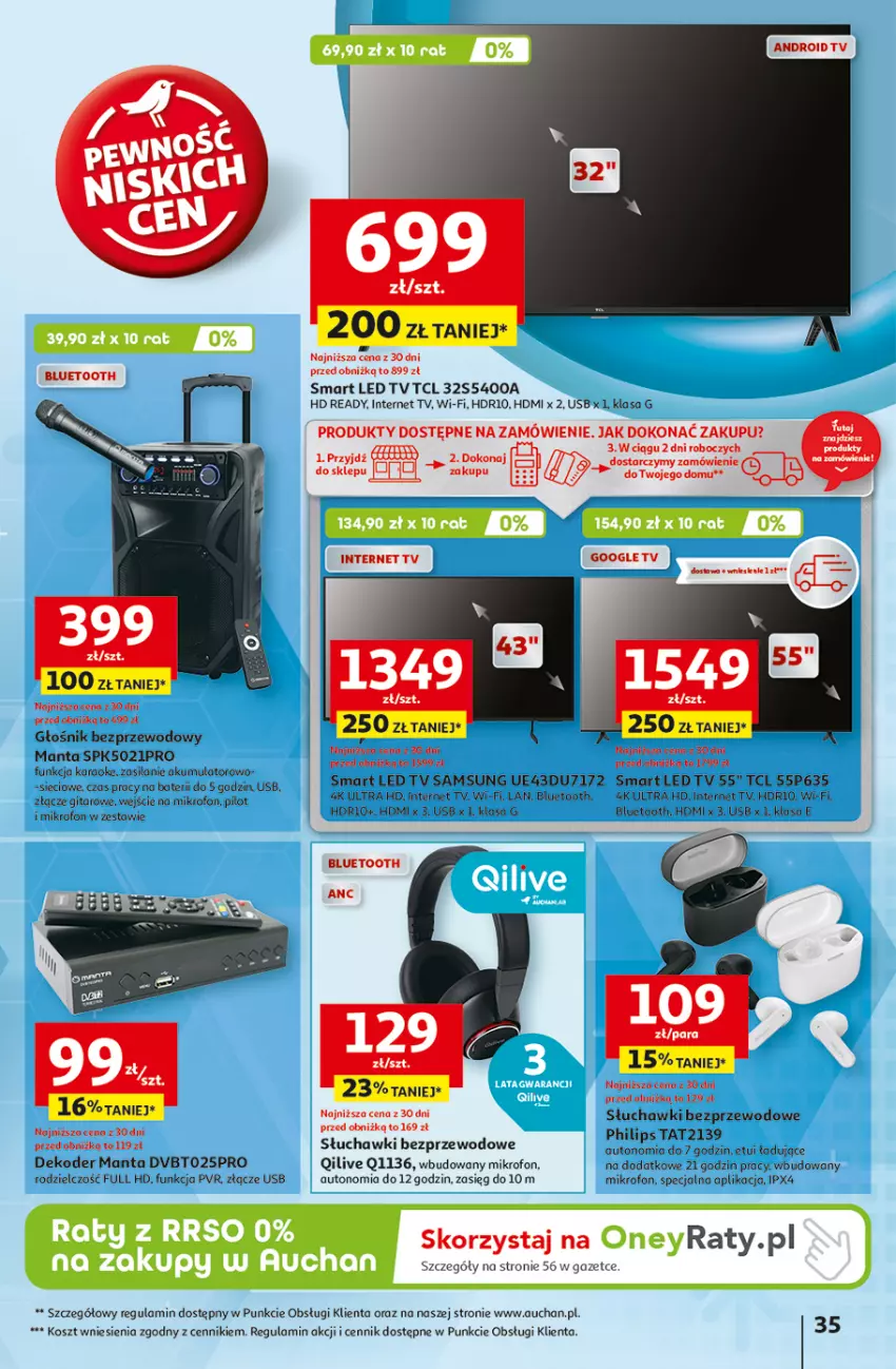 Gazetka promocyjna Auchan - Pewność Niskich Cen Hipermarket - ważna 20.02 do 26.02.2025 - strona 43 - produkty: Akumulator, Android TV, Głośnik, HD ready, Kosz, LED TV, Manta, Mikrofon, Philips, Samsung, Silan, Słuchawki, Słuchawki bezprzewodowe