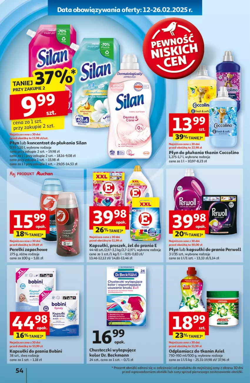 Gazetka promocyjna Auchan - Pewność Niskich Cen Hipermarket - ważna 20.02 do 26.02.2025 - strona 62 - produkty: Ariel, Chusteczki, Coccolino, Fa, Kapsułki do prania, Koc, Odplamiacz, Perełki zapachowe, Perwoll, Płyn do płukania, Silan