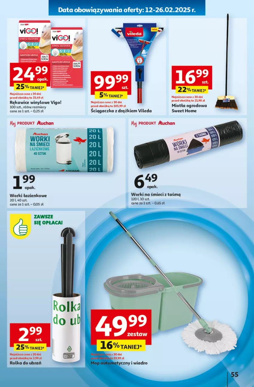 Gazetka promocyjna Auchan - Pewność Niskich Cen Hipermarket - ważna 20.02 do 26.02.2025 - strona 63 - produkty: Miotła, Rękawice, Vileda, Wiadro, Worki na śmiec, Worki na śmieci