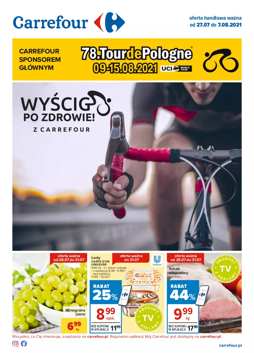 Gazetka promocyjna Carrefour - Gazetka Carrefour - ważna 26.07 do 07.08.2021 - strona 1 - produkty: Lody, Schab wieprzowy, Wino, Winogrona