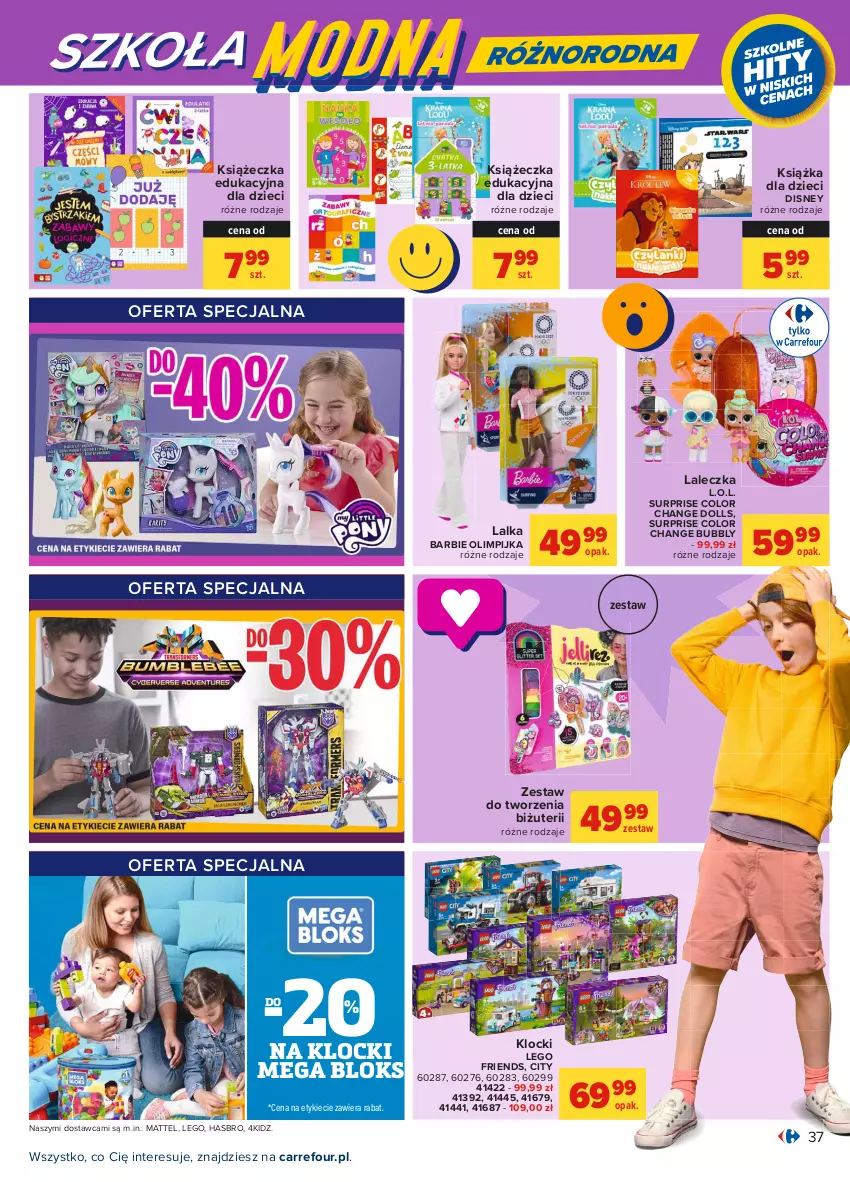 Gazetka promocyjna Carrefour - Gazetka Carrefour - ważna 26.07 do 07.08.2021 - strona 37 - produkty: Barbie, Disney, Dzieci, Hasbro, Klocki, Książka, L.O.L., Lalka, LEGO, LEGO Friends, Mattel, Mega Bloks