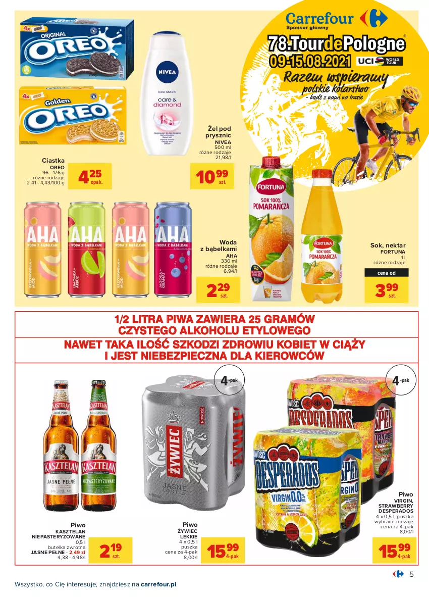 Gazetka promocyjna Carrefour - Gazetka Carrefour - ważna 26.07 do 07.08.2021 - strona 5 - produkty: Ciastka, Desperados, Fortuna, Gin, Gra, Kasztelan, Nektar, Nivea, Oreo, Piec, Piwa, Piwo, Sok, Woda