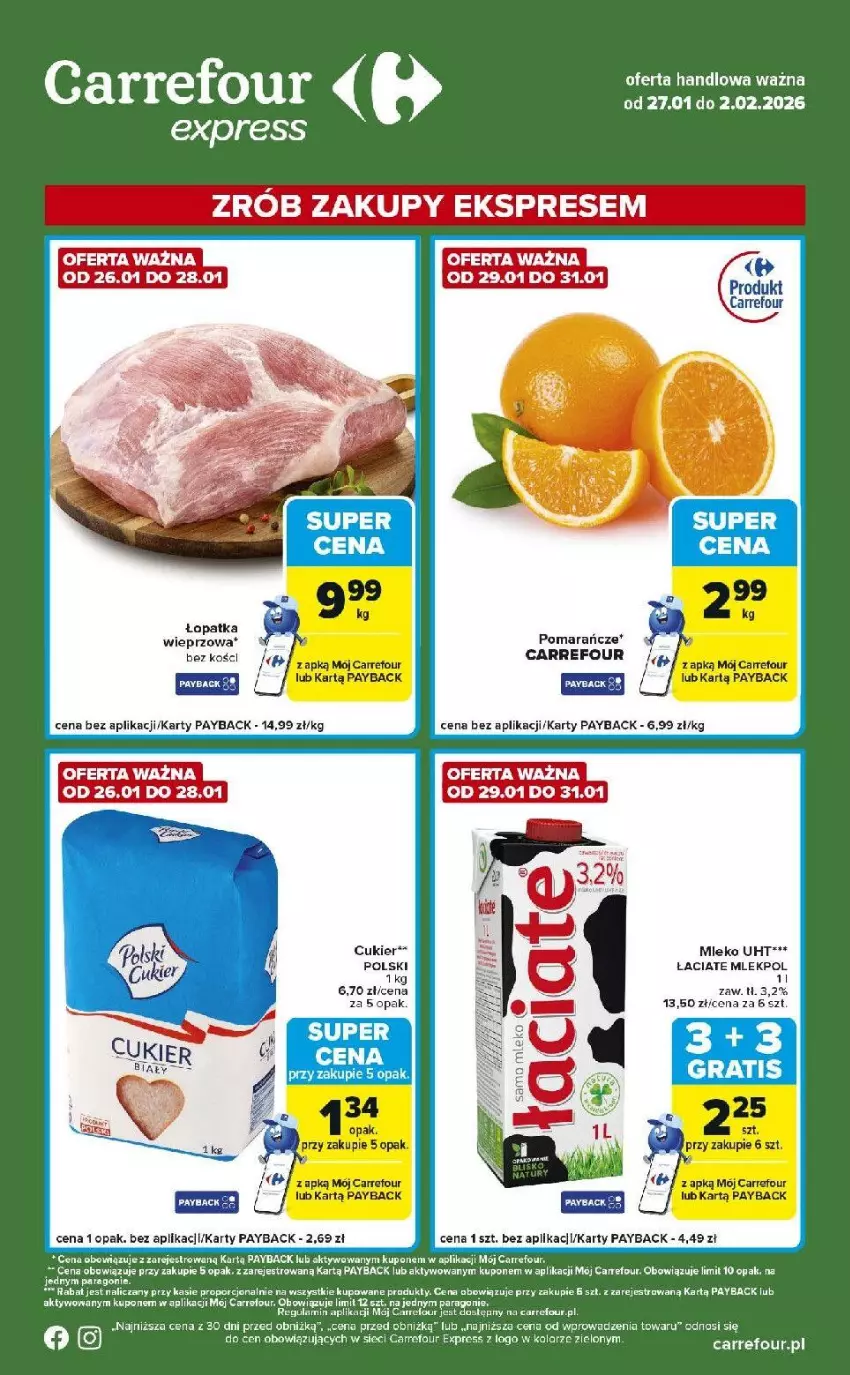 Gazetka promocyjna Carrefour - Gazetka Express - ważna 27.01 do 02.02.2026 - strona 1 - produkty: Cukier, Fa, Mleko, Pomarańcze, Por