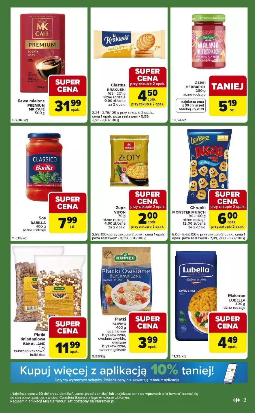 Gazetka promocyjna Carrefour - Gazetka Express - ważna 27.01 do 02.02.2026 - strona 3 - produkty: Bakalland, Barilla, Bell, Bella, Chrupki, Ciastka, Danio, Dżem, Kakao, Kawa, Kawa mielona, Krakus, Krakuski, Kupiec, Lubella, Makaron, Monster Munch, Mus, Piec, Sos, Taft, Zupa
