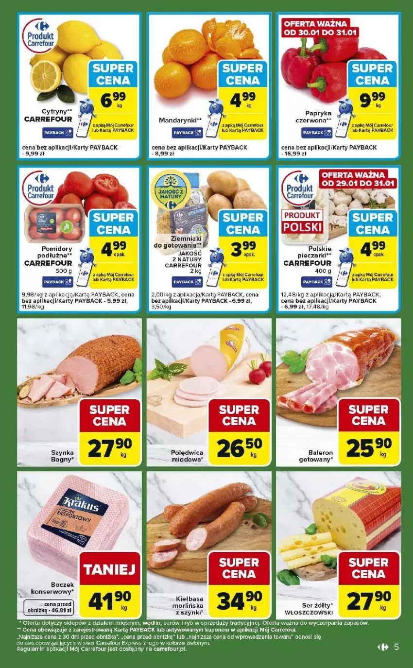 Gazetka promocyjna Carrefour - Gazetka Express - ważna 27.01 do 02.02.2026 - strona 5 - produkty: Boczek, Cytryny, Fa, Kiełbasa, Noż, Polędwica, Pomidory, Ser