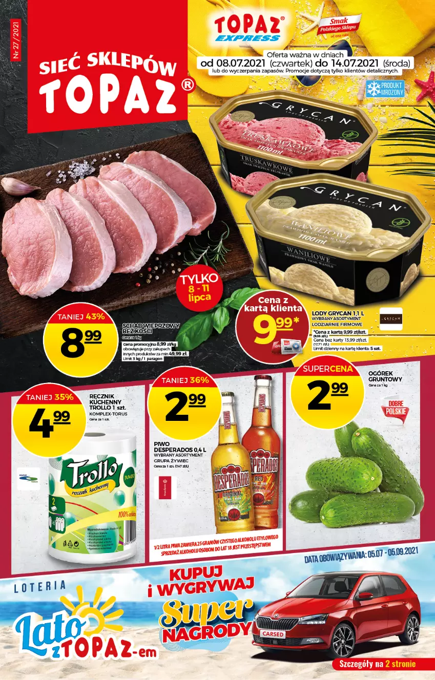 Gazetka promocyjna Topaz - Gazetka - ważna 08.07 do 14.07.2021 - strona 1 - produkty: Desperados, Grunt, Gry, LG, Lody, Ogórek, Piwo