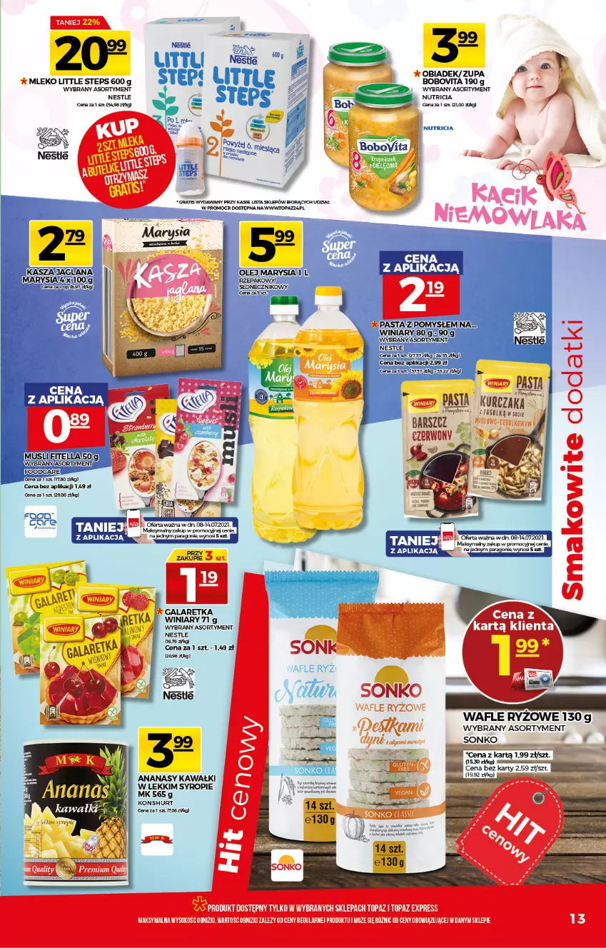 Gazetka promocyjna Topaz - Gazetka - ważna 08.07 do 14.07.2021 - strona 13 - produkty: Ananas, BoboVita, Fa, Gra, Kawa, Kurczak, Mleko, Mus, Olej, Ryż, Sonko, Sos, Syrop, Top, Wafle, Winiary, Zupa