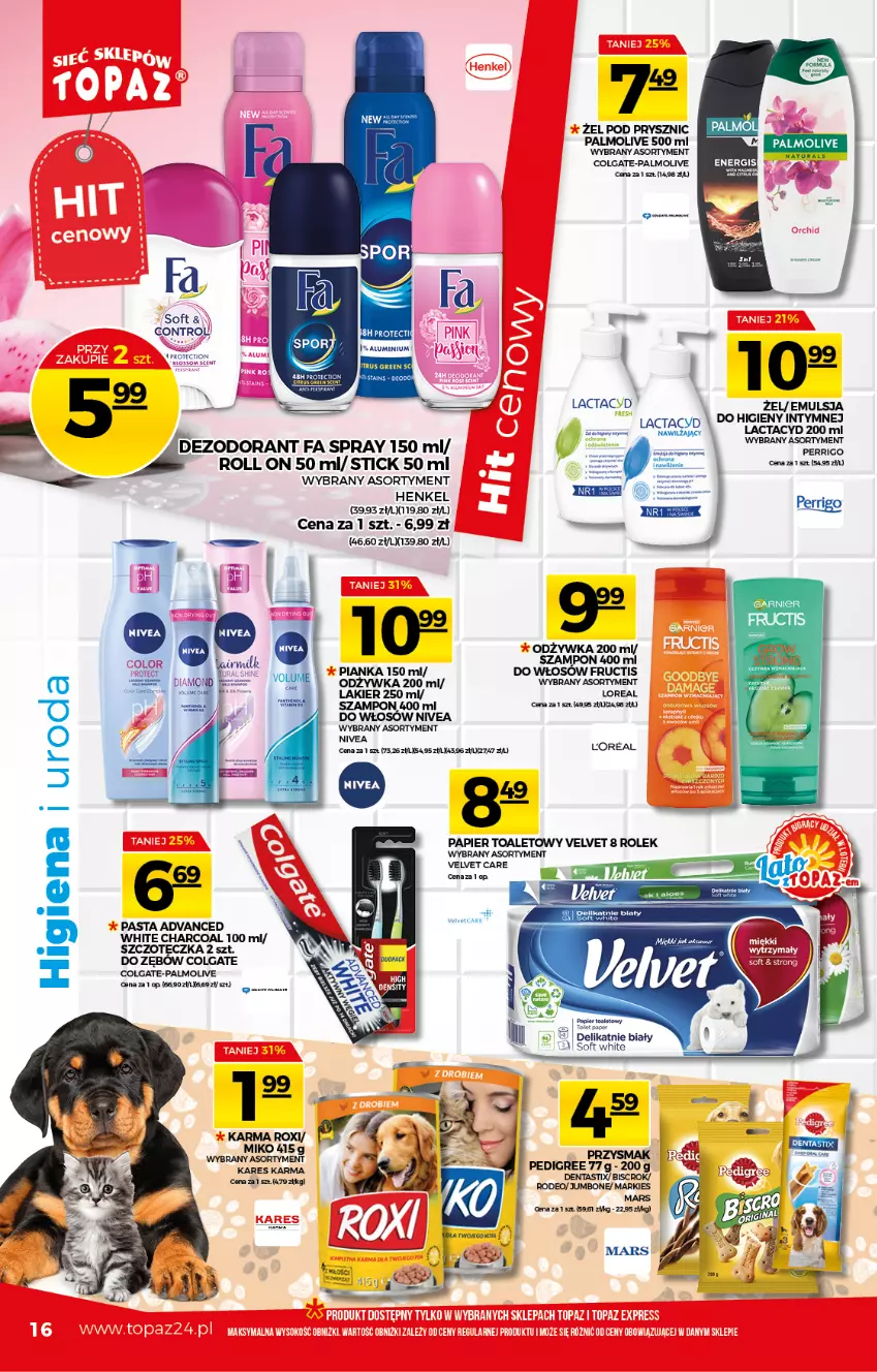 Gazetka promocyjna Topaz - Gazetka - ważna 08.07 do 14.07.2021 - strona 16 - produkty: Colgate, Dezodorant, Emulsja, Fa, Fructis, Garnier, Lactacyd, Lakier, LG, Mars, Nivea, Odżywka, Palmolive, Papier, Papier toaletowy, Pedigree, Szampon, Velvet