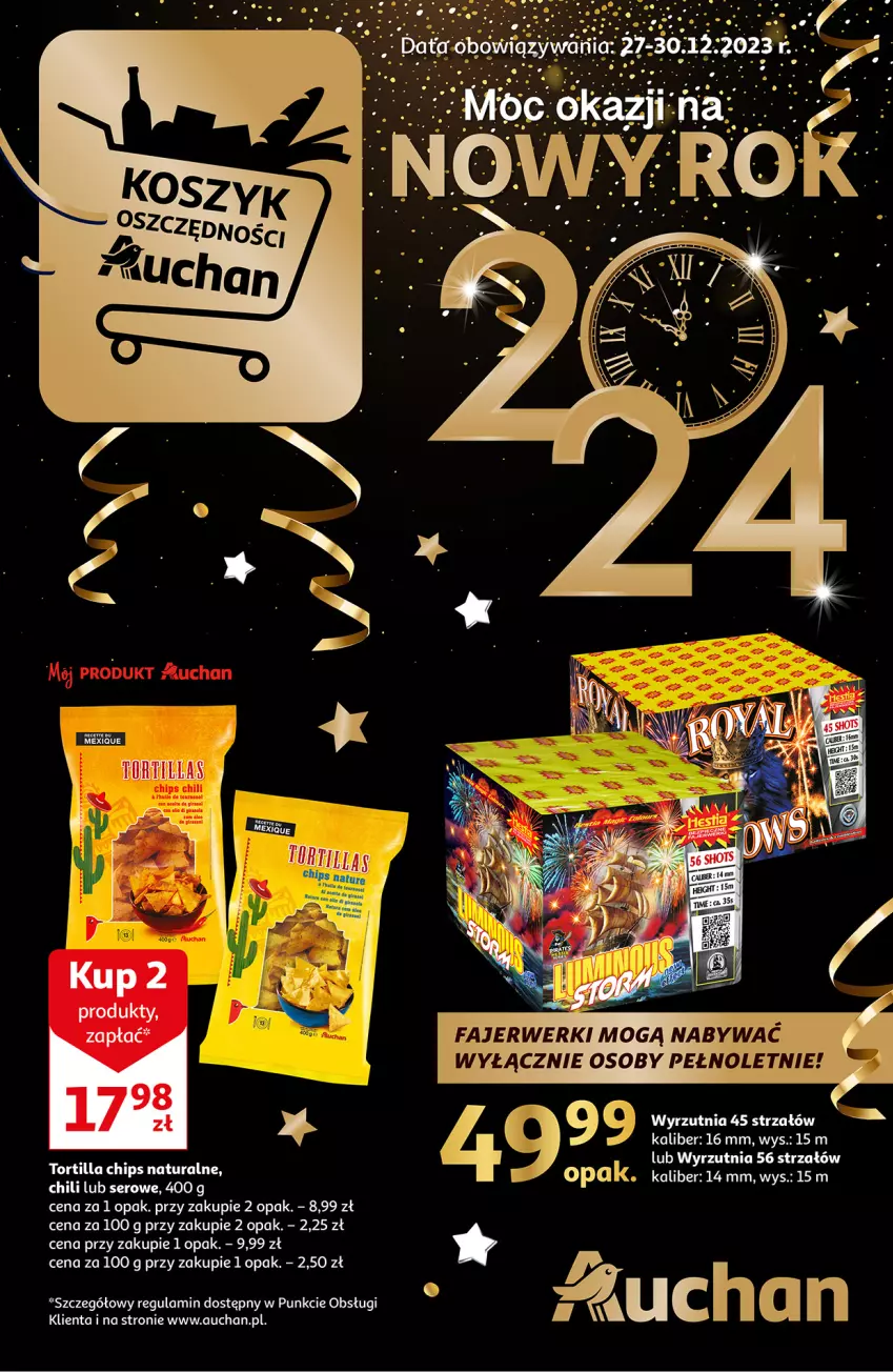 Gazetka promocyjna Auchan - Gazetka Moc Okazji na Nowy Rok 2024 Hipermarket Auchan - ważna 27.12 do 30.12.2023 - strona 1 - produkty: Noż, Strzałów, Tortilla, Tortilla Chips, Wyrzutnia