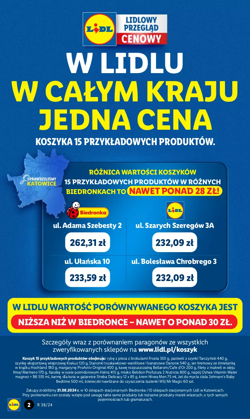 Gazetka promocyjna Lidl - GAZETKA - ważna 16.09 do 21.09.2024 - strona 2 - produkty: BEBILON, Bell, Bella, Danone, Danonki, Fa, Frosta, Gala, Gin, Gra, Heinz, Hochland, Kosz, Krakus, Magnez, Mleko, Mleko Bebilon, Napój, Nivea, Nivea Men, Olej, Oshee, Parówki, Parówki z szynki, Piec, Por, Rama, Ser, Sheba, Sos, Sport, Tarczyński