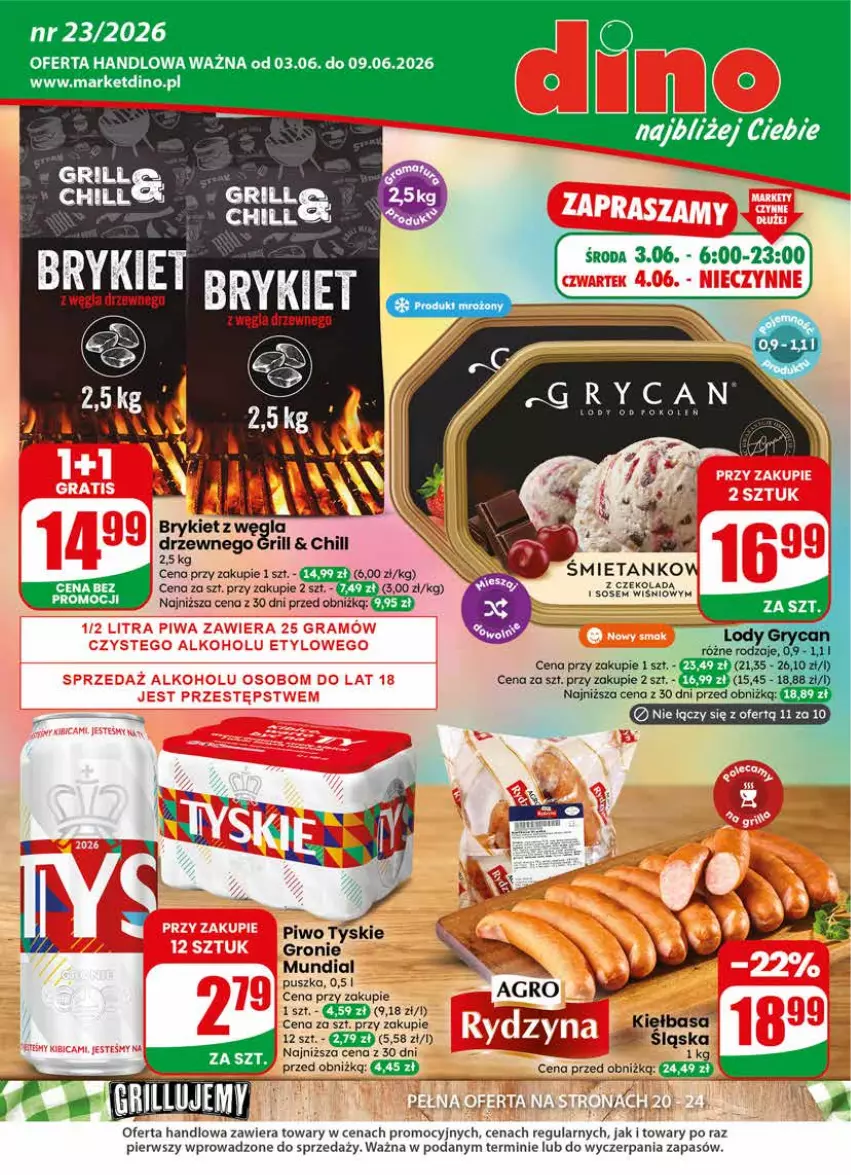 Gazetka promocyjna Dino - Gazetka 23 / 2026 - ważna 03.06 do 09.06.2026 - strona 1 - produkty: Fa, Grill, JBL, Kiełbasa, Piwo, Sos, Tyskie