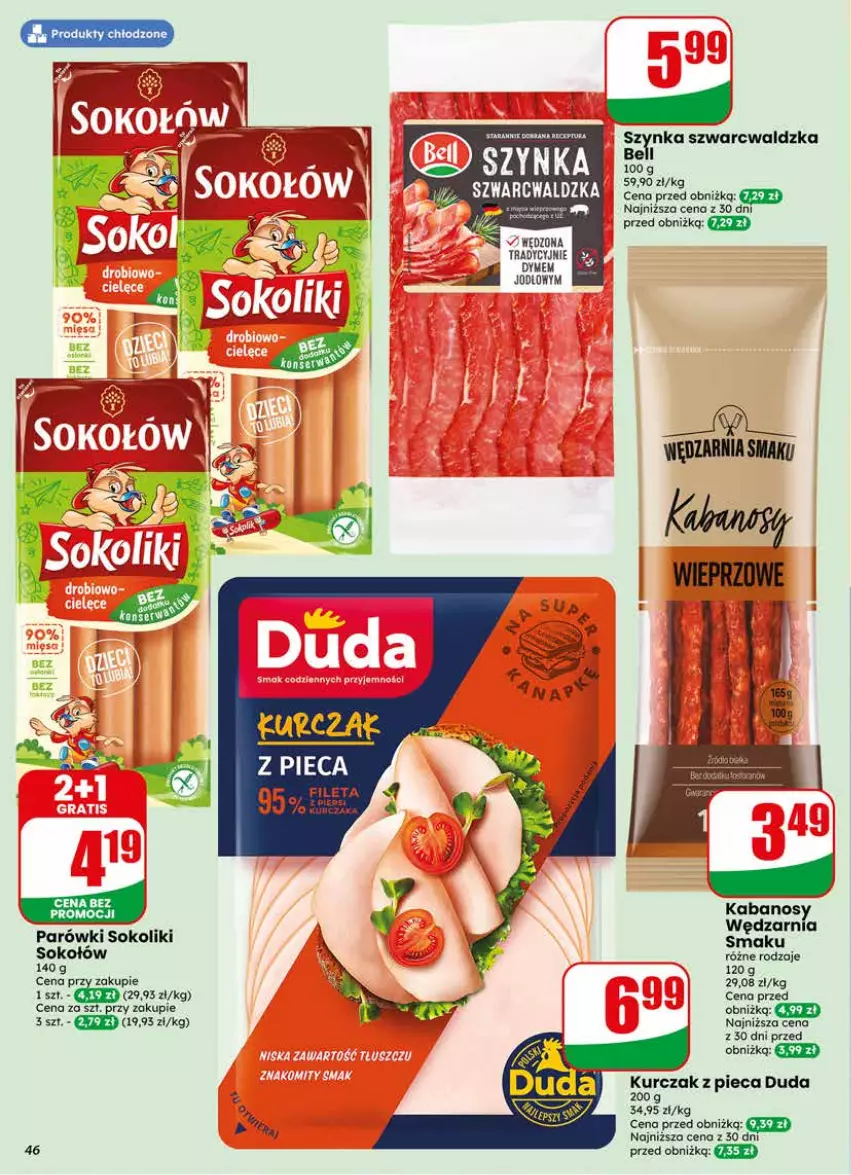 Gazetka promocyjna Dino - Gazetka 23 / 2026 - ważna 03.06 do 09.06.2026 - strona 46 - produkty: Bell, Duda, Fa, Kurczak, Parówki, Parówki sokoliki, Piec, Sok, Sokołów, Szynka