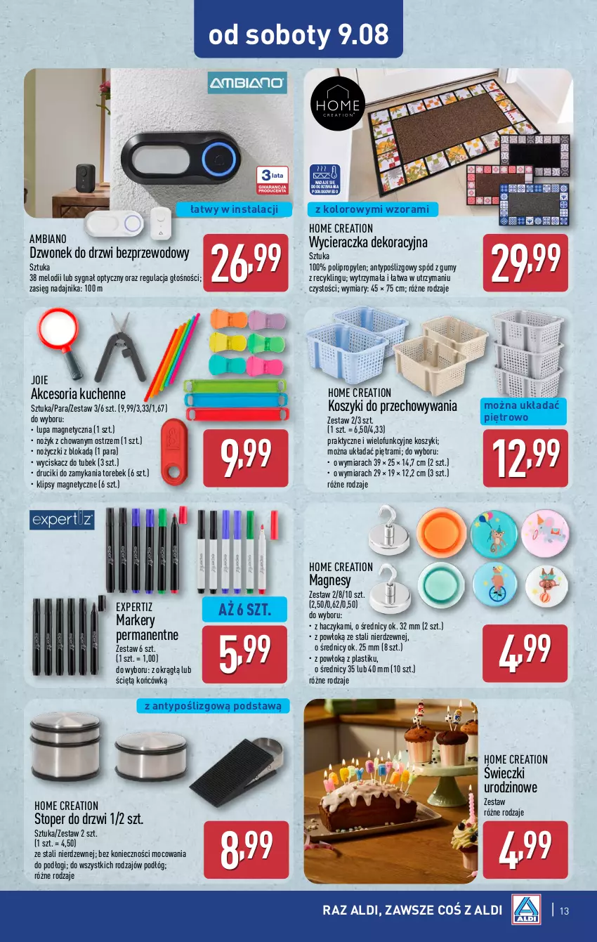 Gazetka promocyjna Aldi - Artykuły przemysłowe i tekstylia - ważna 06.08 do 09.08.2025 - strona 13 - produkty: Drzwi, Dzwonek, Haczyk, Kosz, Marker, Noż, Nożyczki, Top, Wycieraczka