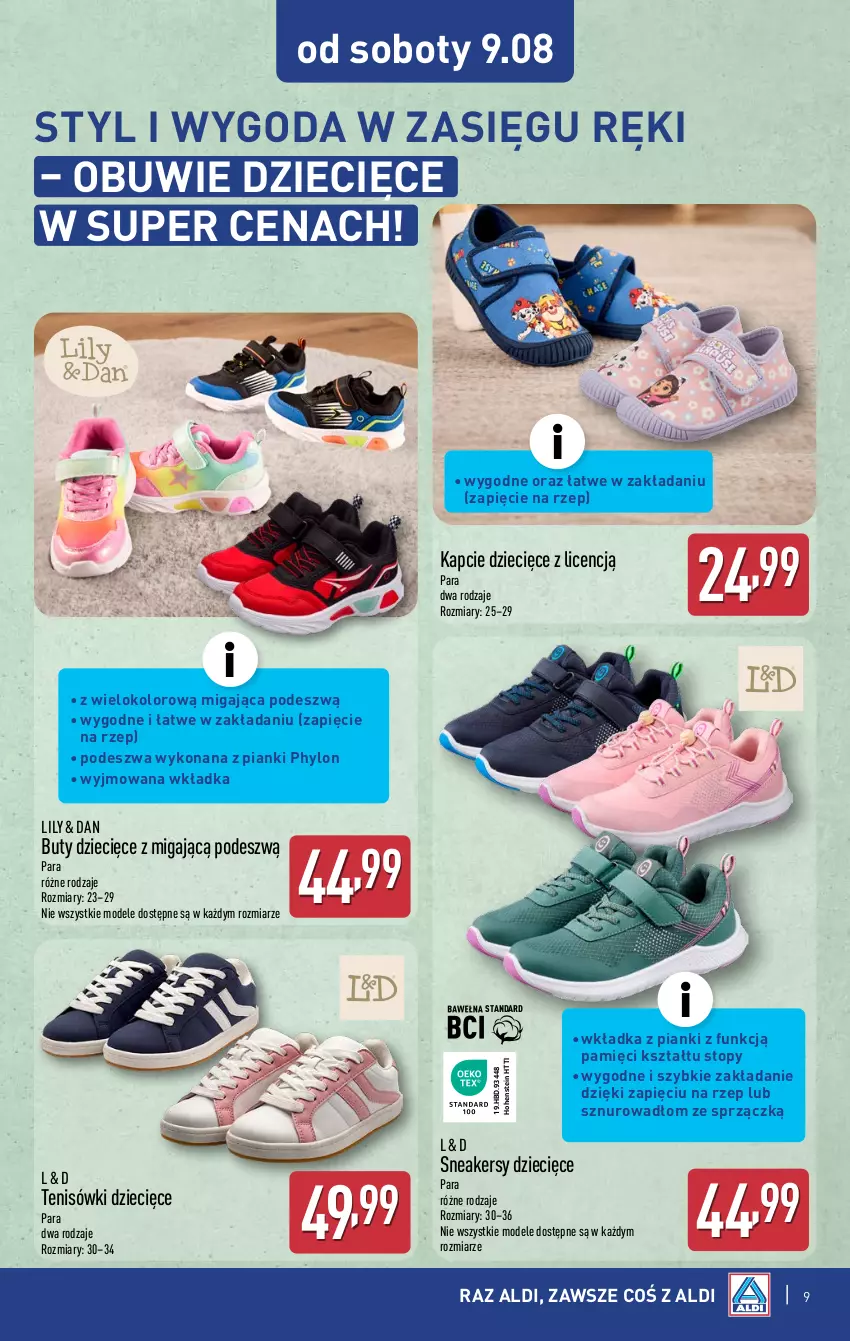 Gazetka promocyjna Aldi - Artykuły przemysłowe i tekstylia - ważna 06.08 do 09.08.2025 - strona 9 - produkty: Buty, Dzieci, Kapcie, Obuwie, Sneakersy, Tenisówki, Top