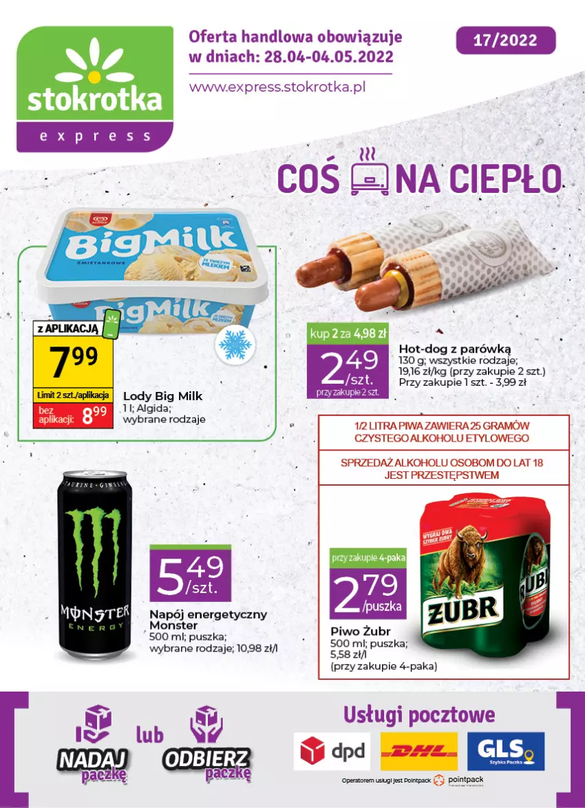 Gazetka promocyjna Stokrotka - Stokrotka Express - ważna 28.04 do 04.05.2022 - strona 1 - produkty: Algida, Big Milk, LG, Lody, Napój, Napój energetyczny