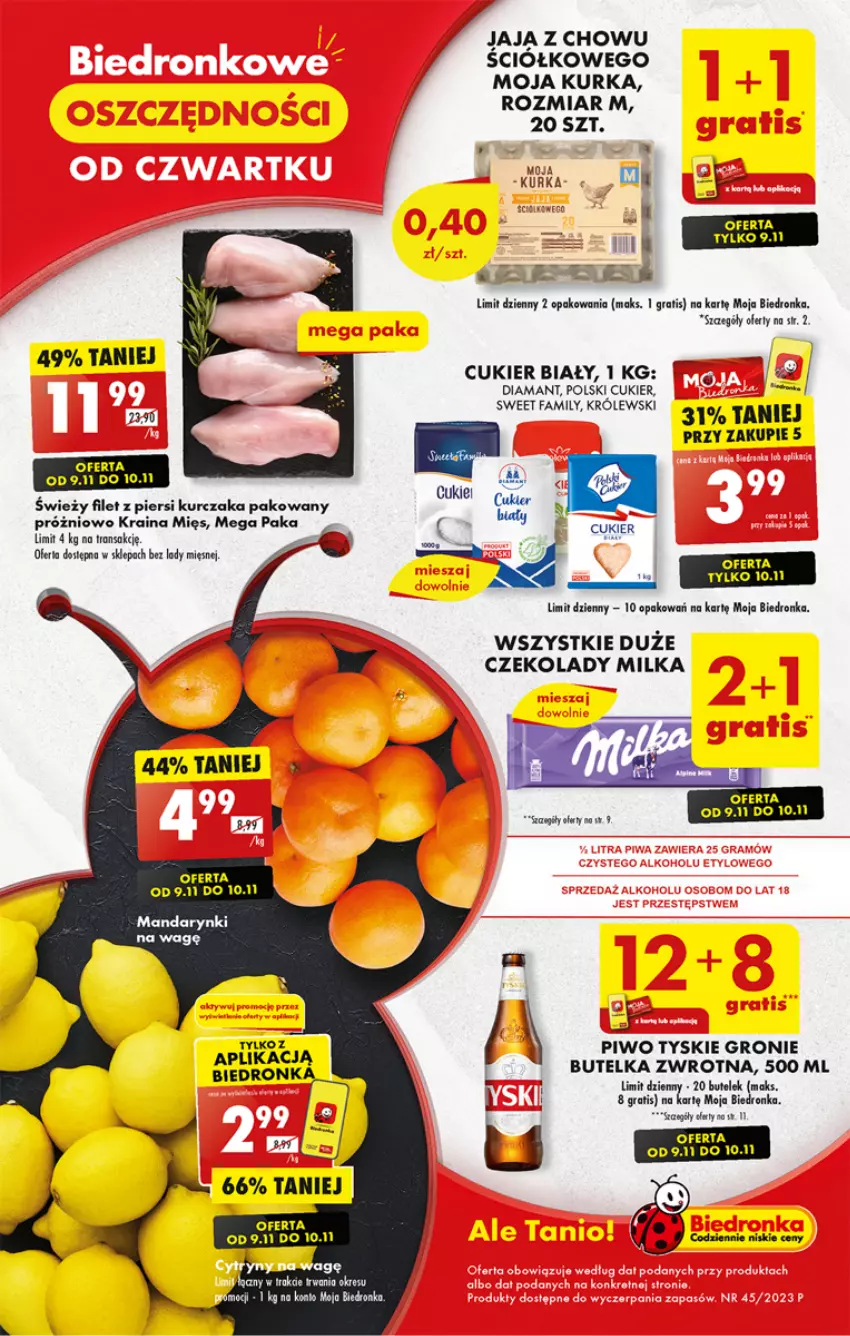 Gazetka promocyjna Biedronka - Od czwartku - ważna 09.11 do 15.11.2023 - strona 1 - produkty: Cukier, Diamant, Fa, Filet z piersi kurczaka, Gra, Jaja, Królewski, Kurczak, Mandarynki, Milka, Piwo, Tran, Tyskie