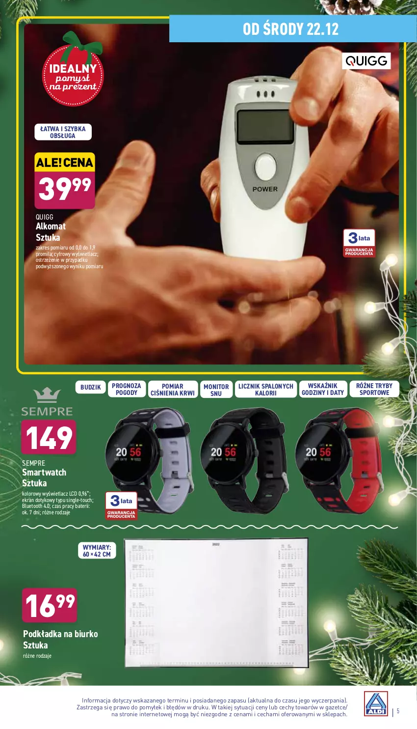 Gazetka promocyjna Aldi - Katalog Moda i Dom - ważna 22.12 do 31.12.2021 - strona 5 - produkty: Alkomat, Biurko, Budzik, Monitor, Podkład, Podkładka, Por, Smartwatch, Sport