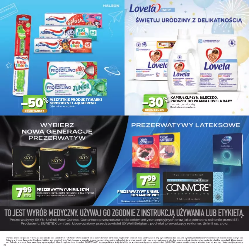 Gazetka promocyjna Stokrotka - Katalog Urodzinowy! - ważna 10.09 do 23.09.2026 - strona 36 - produkty: Aquafresh, Lovela, Mięso, Mleczko, Owoce, Prezerwatyw, Proszek do prania, Sensodyne, Skyn, Unimil, Warzywa