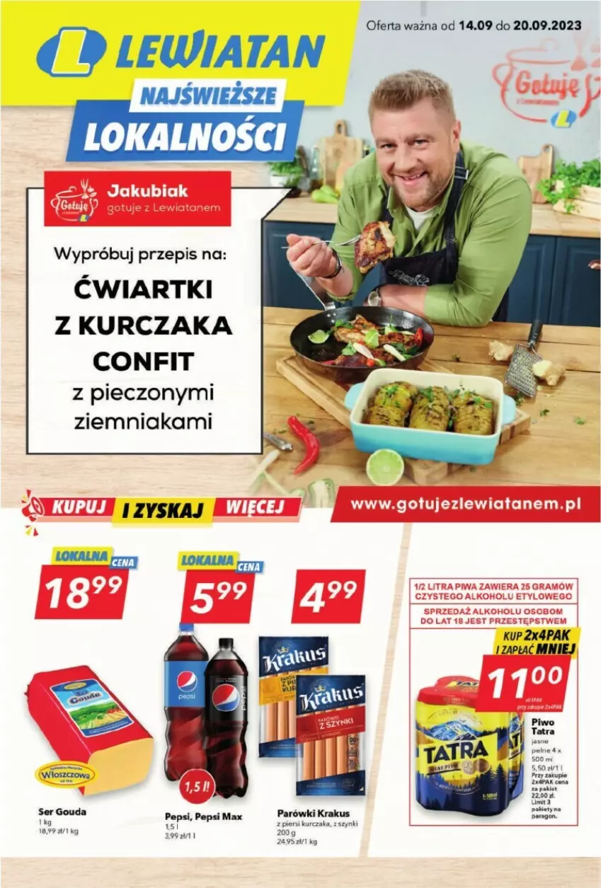 Gazetka promocyjna Lewiatan - ważna 14.09 do 20.09.2023 - strona 1 - produkty: Gouda, Krakus, Kurczak, Parówki, Pepsi, Pepsi max, Piec