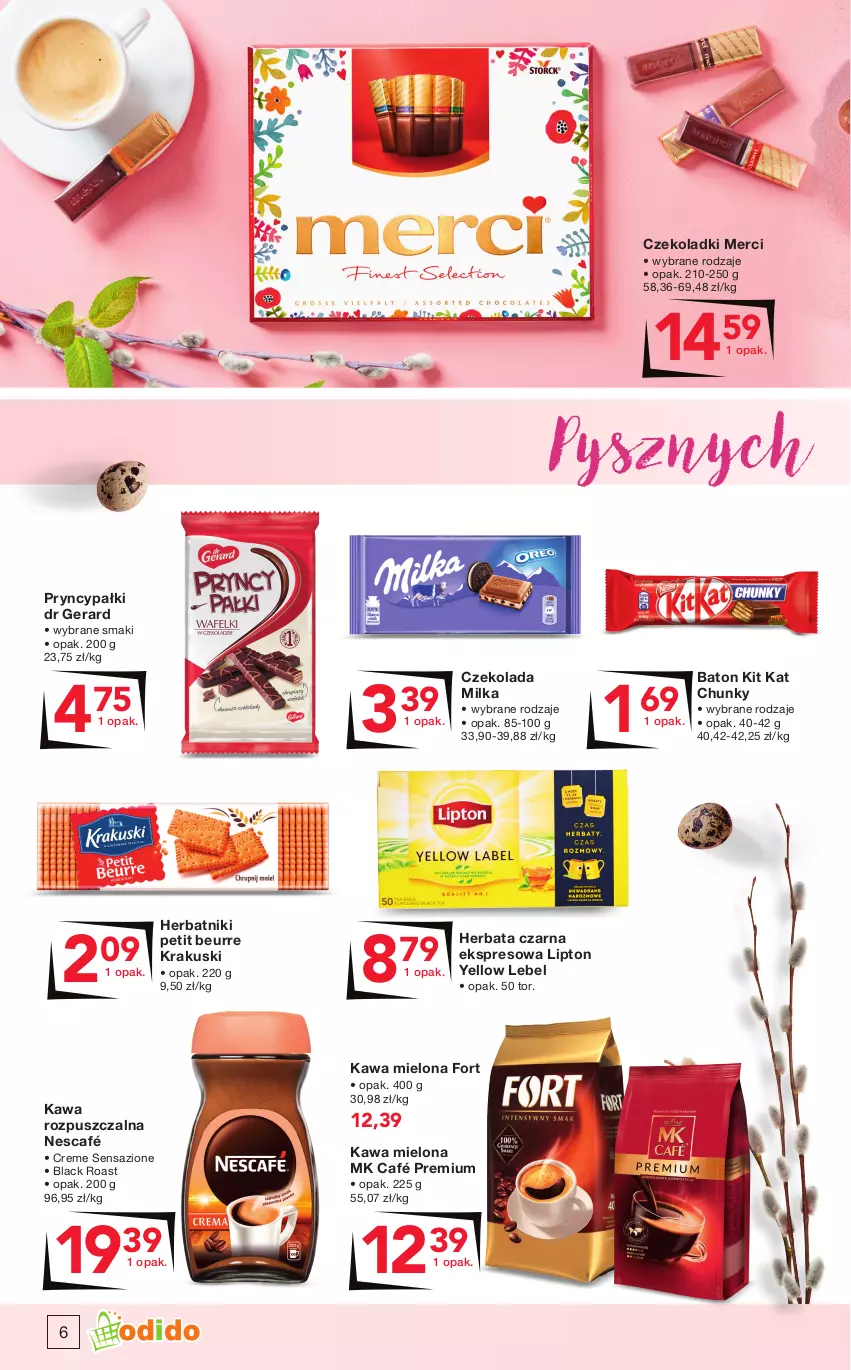 Gazetka promocyjna Odido - Pysznych ŚWIĄT! - ważna 08.04 do 21.04.2022 - strona 6 - produkty: Baton, Czekolada, Dr Gerard, Herbata, Herbata czarna, Herbatniki, Herbatniki Petit Beurre, Kawa, Kawa mielona, Kawa rozpuszczalna, Kit Kat, Krakus, Krakuski, Lack, Lipton, Merci, Milka, Nescafé