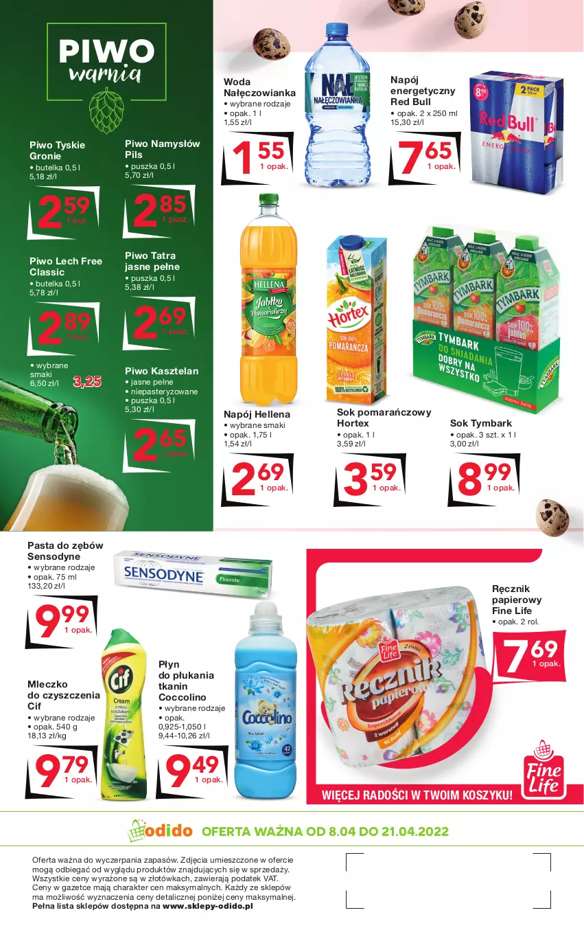 Gazetka promocyjna Odido - Pysznych ŚWIĄT! - ważna 08.04 do 21.04.2022 - strona 8 - produkty: Cif, Coccolino, Hellena, Hortex, Kasztelan, Kosz, Mleczko, Nałęczowianka, Namysłów, Napój, Napój energetyczny, Papier, Pasta do zębów, Piwo, Płyn do płukania, Ręcznik, Red Bull, Sensodyne, Sok, Sok pomarańczowy, Tatra, Tymbark, Tyskie, Woda