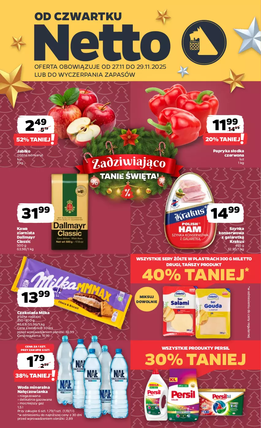 Gazetka promocyjna Netto - Od Czwartku - ważna 27.11 do 29.11.2025 - strona 1 - produkty: Czekolada, Dallmayr, Gala, Kawa, Kawa ziarnista, Krakus, Milka, Nałęczowianka, Papryka, Papryka słodka, Persil, Ser, Szynka, Szynka konserwowa, Woda, Woda mineralna