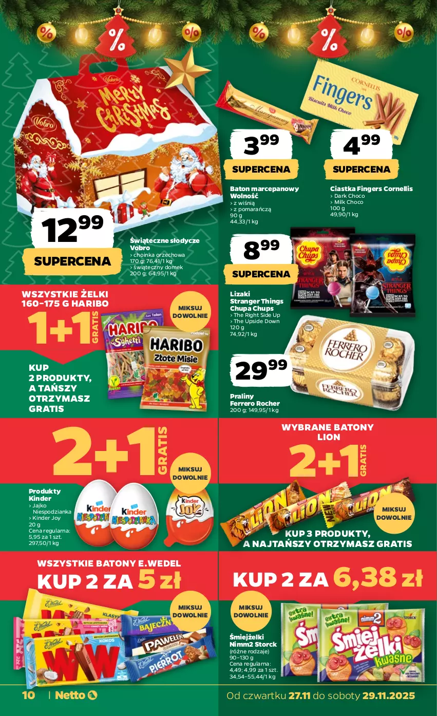 Gazetka promocyjna Netto - Od Czwartku - ważna 27.11 do 29.11.2025 - strona 10 - produkty: Baton, Baton marcepanowy, Choinka, Chupa Chups, Ciastka, Ferrero, Ferrero Rocher, Gra, Haribo, Inka, Kinder, Lion, Lizaki, Nimm2, Praliny, Tran