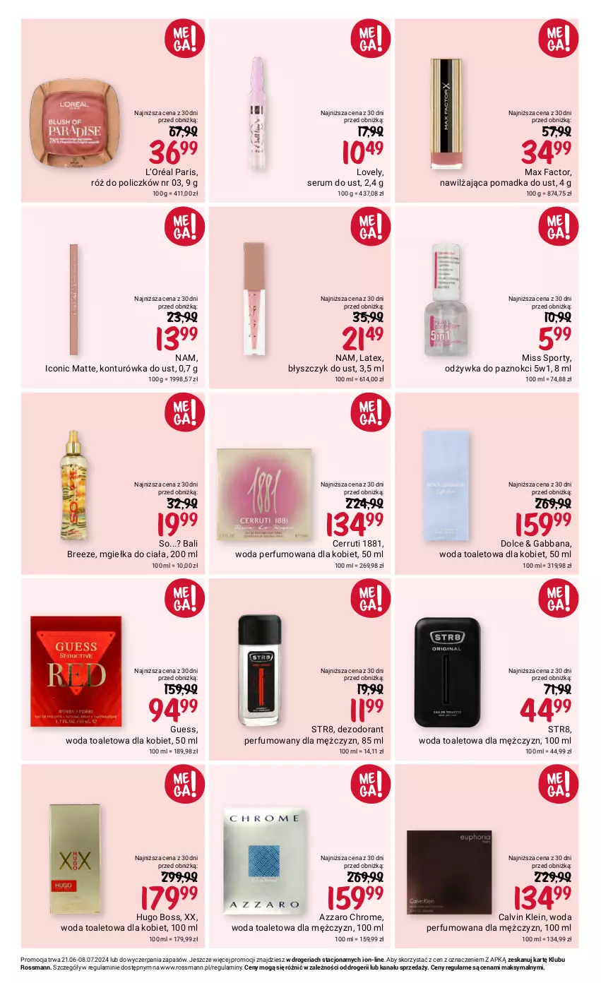 Gazetka promocyjna Rossmann - 21 czerwca - ważna 21.06 do 08.07.2024 - strona 8 - produkty: Azzaro, Błyszczyk do ust, Calvin Klein, Cerruti, Dezodorant, Fa, Hugo Boss, Konturówka do ust, L’Oréal, Lovely, Max Factor, Miss Sporty, Odżywka, Perfum, Por, Róż do policzków, Rum, Ser, Serum, Sport, Str8, Woda, Woda perfumowana, Woda toaletowa