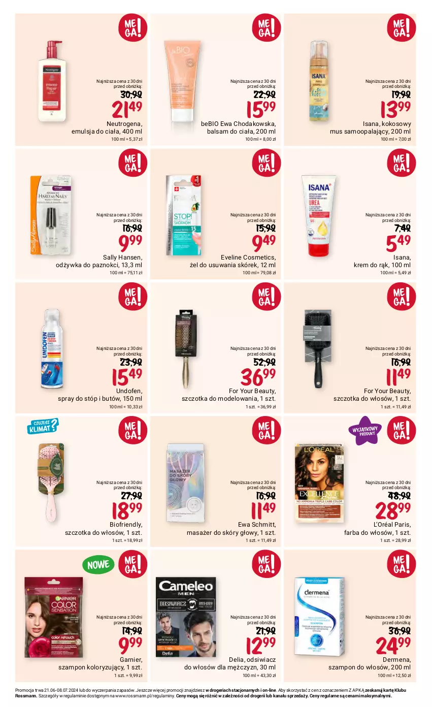 Gazetka promocyjna Rossmann - 21 czerwca - ważna 21.06 do 08.07.2024 - strona 9 - produkty: Balsam do ciała, Dermena, Emulsja, Eveline, Ewa Schmitt, Fa, Farba do włosów, For Your Beauty, Garnier, Isana, Kokos, Krem do rąk, L’Oréal, Masażer, Mus, Neutrogena, Odżywka, Sally Hansen, Szampon, Szczotka, Szczotka do włosów, Undofen