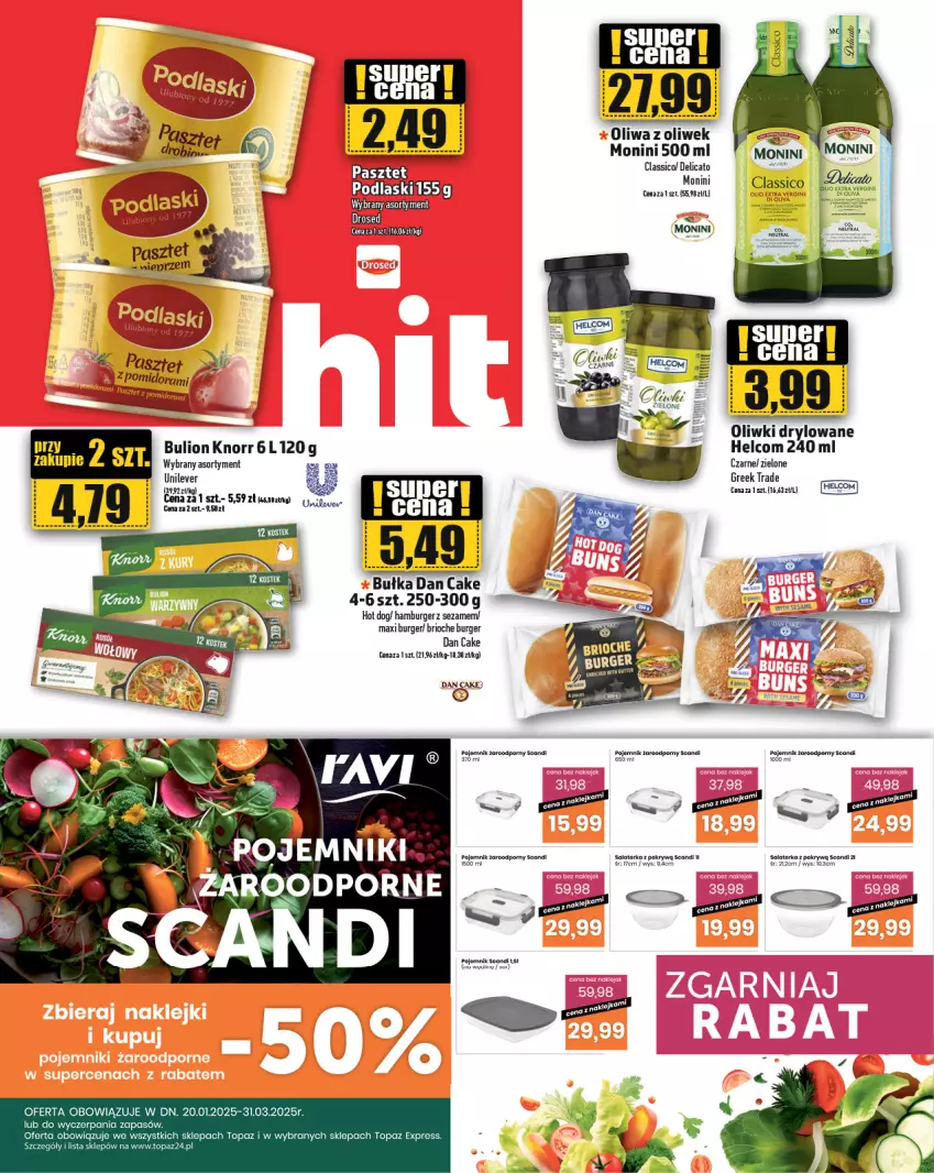 Gazetka promocyjna Topaz - Gazetka - ważna 23.01 do 29.01.2025 - strona 10 - produkty: Bulion, Bułka, Burger, Dan Cake, Hamburger, HELCOM, Hot dog, Klej, Knorr, Lion, Monini, Oliwa, Oliwa z oliwek, Oliwki, Orka, Pasztet, Podlaski, Pojemnik, Por, Sezam, Top