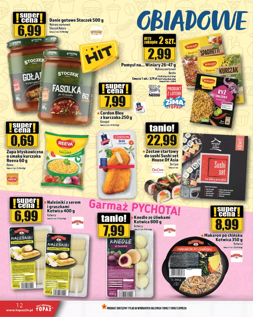 Gazetka promocyjna Topaz - Gazetka - ważna 23.01 do 29.01.2025 - strona 12 - produkty: Cordon Bleu, Danie gotowe, House of Asia, Knedle, Kurczak, Makaron, Ser, Sushi, Top, Winiary, Zupa