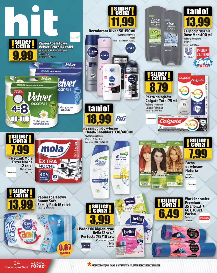 Gazetka promocyjna Topaz - Gazetka - ważna 23.01 do 29.01.2025 - strona 24 - produkty: Bell, Bella, Colgate, Colgate Total, Dove, Fa, Joanna, Koc, LG, Mola, Nivea, Palmolive, Papier, Papier toaletowy, Pasta do zębów, Perfecta, Podpaski, Ręcznik, Rolki, Szampon, Top