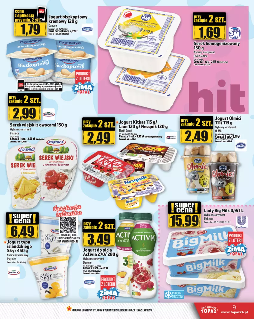 Gazetka promocyjna Topaz - Gazetka - ważna 23.01 do 29.01.2025 - strona 9 - produkty: Activia, Big Milk, Danone, Gra, Granat, Jogurt, Lody, Olma, Piątnica, Ser, Serek, Serek wiejski, Top