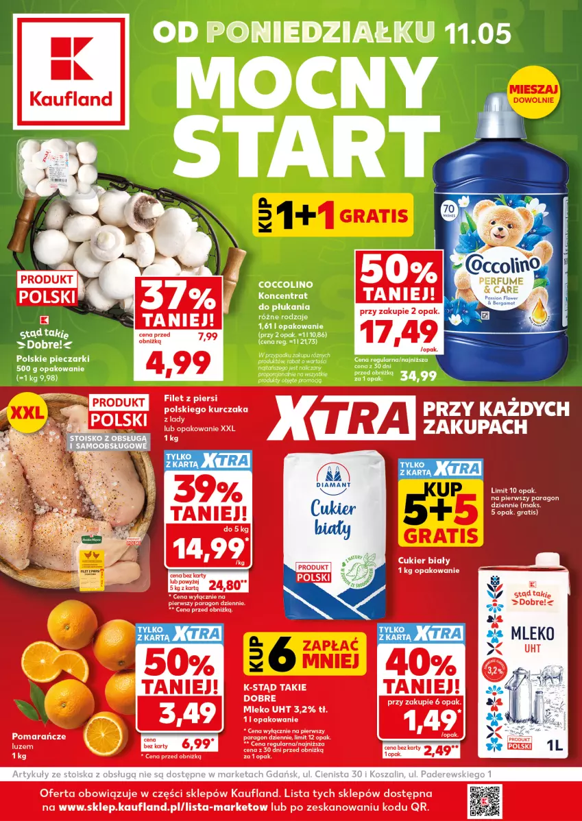 Gazetka promocyjna Kaufland - Mocny Start - ważna 11.05 do 13.05.2026 - strona 1 - produkty: Coccolino, Cukier, Gra, Kurczak, Piec, Pomarańcze, Por