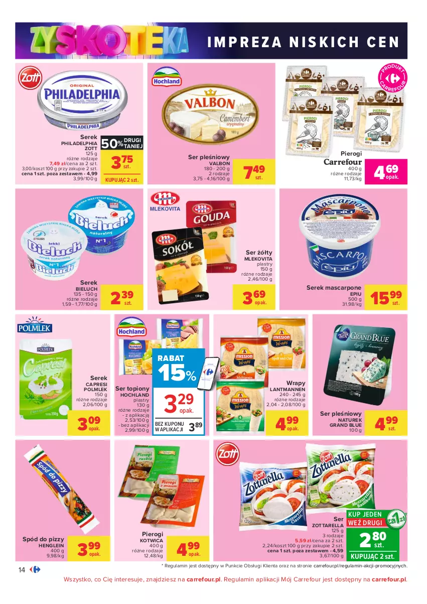 Gazetka promocyjna Carrefour - Gazetka Carrefour Zyskoteka - ważna 19.10 do 24.10.2021 - strona 14 - produkty: Bieluch, Gra, Hochland, Kosz, Mascarpone, Mleko, Mlekovita, NaTurek, Philadelphia, Pierogi, POLMLEK, Ser, Ser pleśniowy, Ser topiony, Serek, Spód do pizzy, Top, Zott, Zottarella