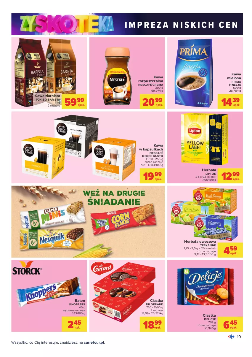 Gazetka promocyjna Carrefour - Gazetka Carrefour Zyskoteka - ważna 19.10 do 24.10.2021 - strona 19 - produkty: Baton, Ciastka, Delicje, Dolce Gusto, Dr Gerard, Herbata, Herbata owocowa, Kawa, Kawa mielona, Kawa rozpuszczalna, Kawa ziarnista, Knoppers, Lipton, Nescafé, Prima, Tchibo, Tchibo Barista, Teekanne