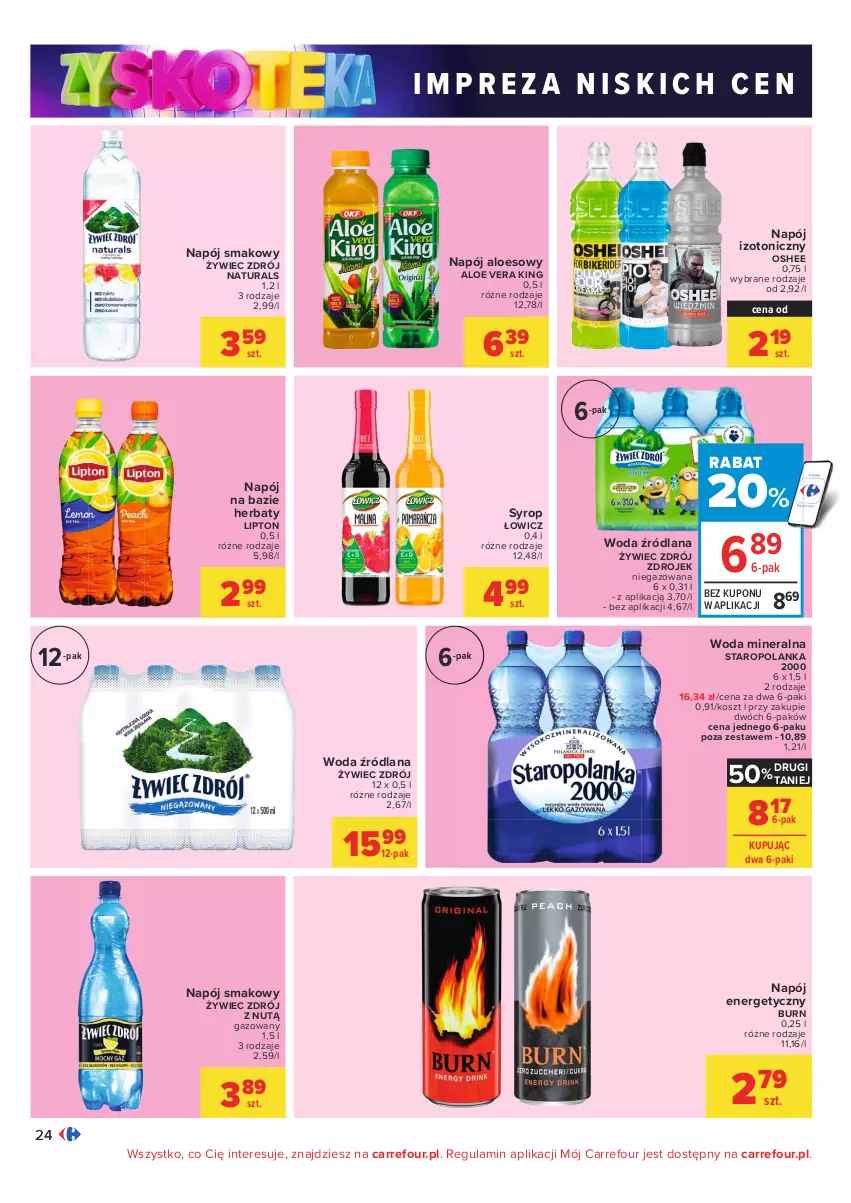 Gazetka promocyjna Carrefour - Gazetka Carrefour Zyskoteka - ważna 19.10 do 24.10.2021 - strona 24 - produkty: Aloe vera, Kosz, LANA, Lipton, Napój, Napój energetyczny, Napój izotoniczny, Oshee, Staropolanka, Syrop, Woda, Woda mineralna