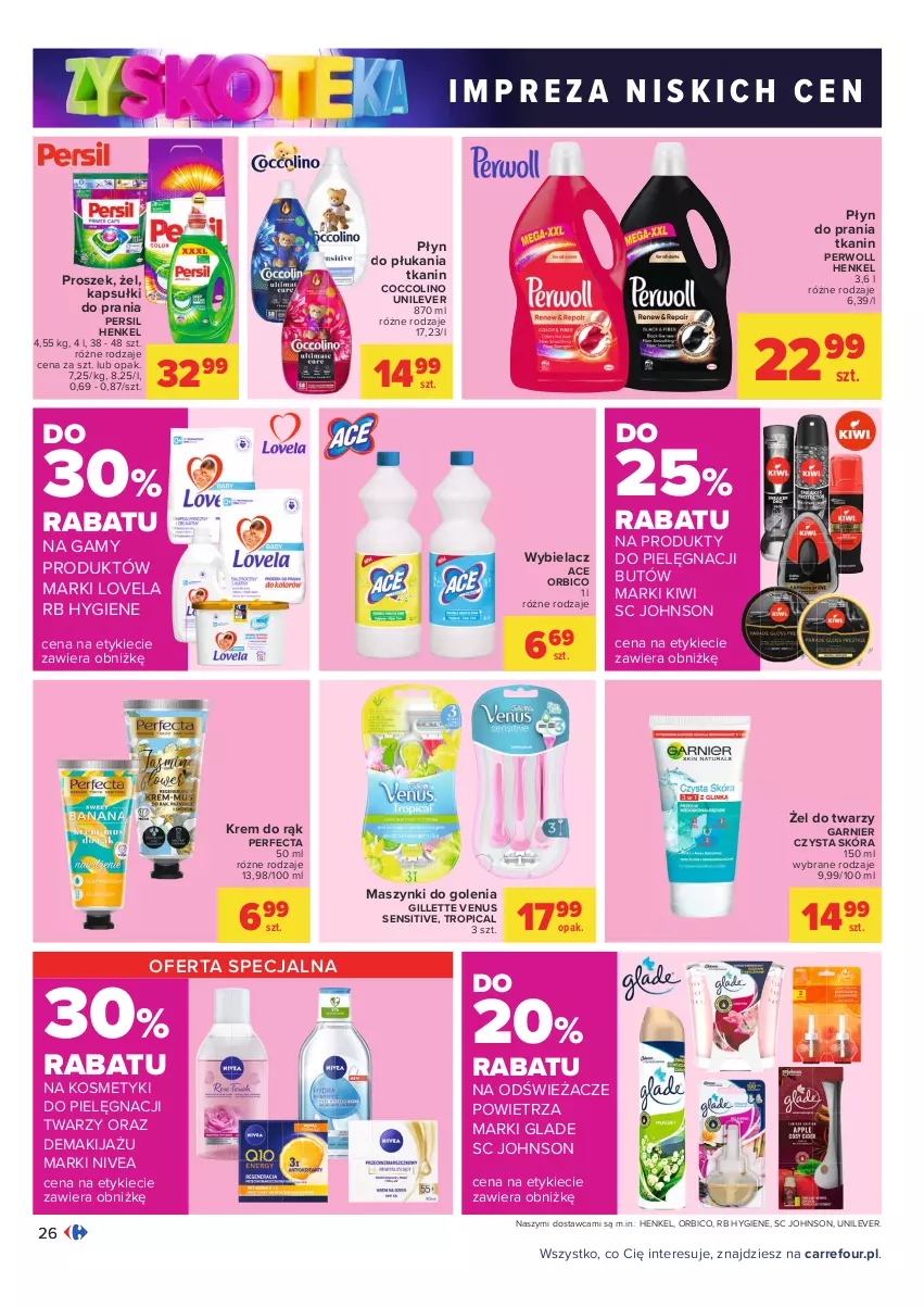 Gazetka promocyjna Carrefour - Gazetka Carrefour Zyskoteka - ważna 19.10 do 24.10.2021 - strona 26 - produkty: BIC, Coccolino, Garnier, Gillette, Gillette Venus, Kapsułki do prania, Kiwi, Kosmetyki do pielęgnacji, Krem do rąk, Lovela, Makijaż, Nivea, Perfecta, Persil, Perwoll, Płyn do płukania, Płyn do prania, Tropical, Venus