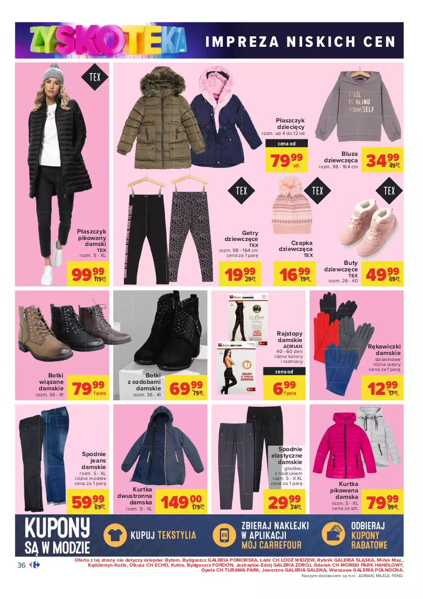 Gazetka promocyjna Carrefour - Gazetka Carrefour Zyskoteka - ważna 19.10 do 24.10.2021 - strona 36 - produkty: Bluza, Botki, Buty, Czapka, Dzieci, Kurtka, Ozdoba, Płaszcz, Rajstopy, Spodnie, Spodnie jeans, Top