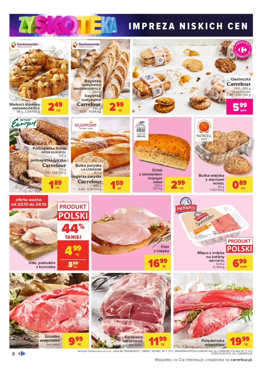 Gazetka promocyjna Carrefour - Gazetka Carrefour Zyskoteka - ważna 19.10 do 24.10.2021 - strona 8 - produkty: Bagietka, Bułka, Chleb, Karkówka wieprzowa, Koc, Kotlet, Kurczak, Mięso, Mięso z indyka, Podudzie z kurczaka, Półbagietka, Polędwiczka wieprzowa, Rust