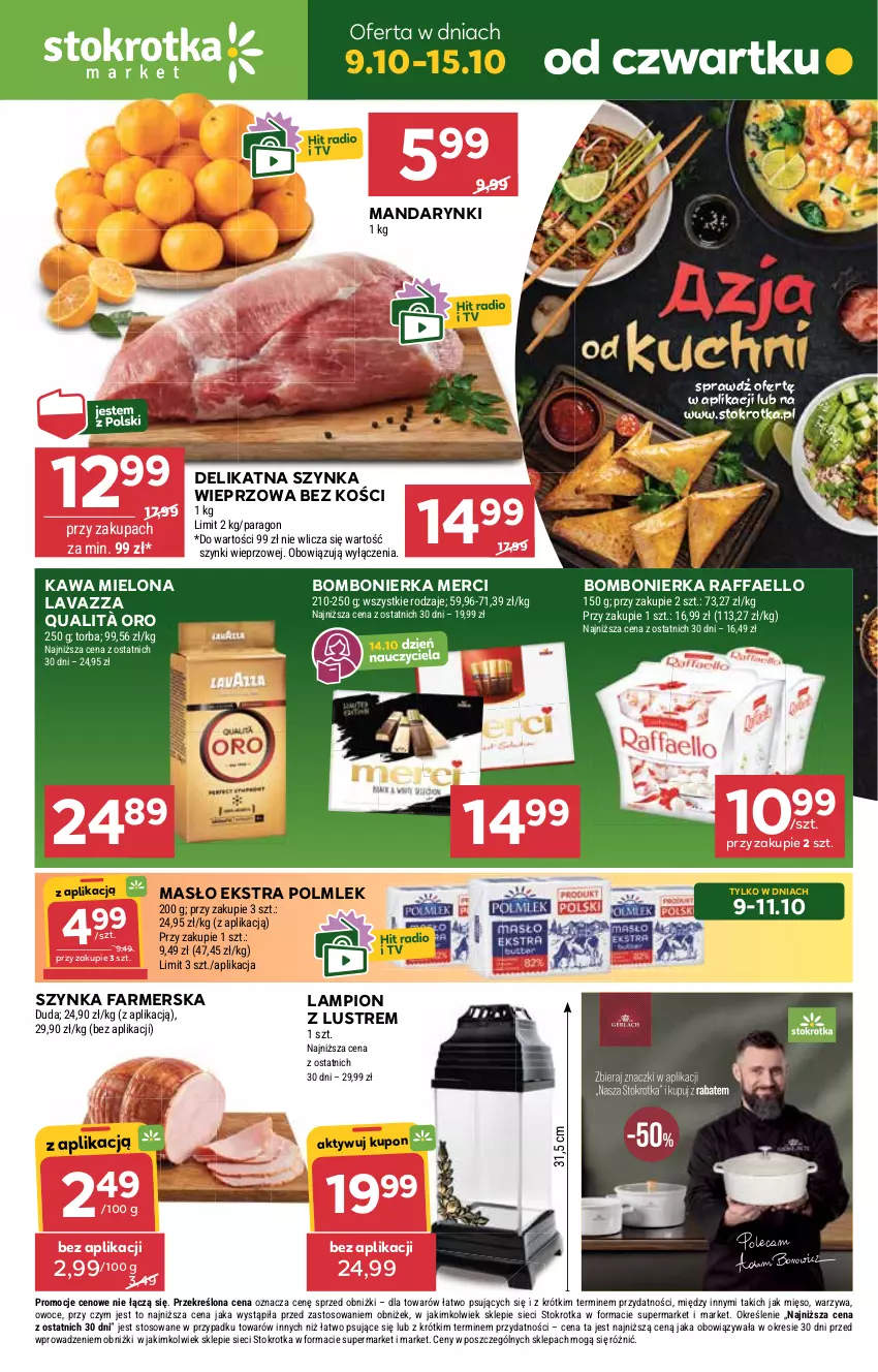 Gazetka promocyjna Stokrotka - Market - ważna 09.10 do 15.10.2025 - strona 1 - produkty: Duda, Fa, Kawa, Kawa mielona, Lampion, Lavazza, Mandarynki, Masło, Merci, Mięso, Owoce, POLMLEK, Raffaello, Szynka, Szynka farmerska, Szynka wieprzowa, Torba, Warzywa