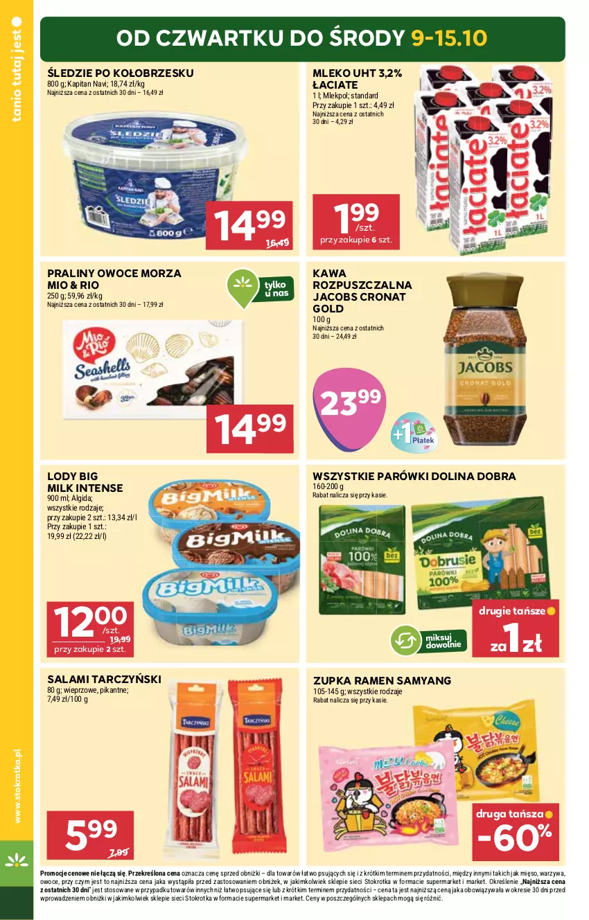 Gazetka promocyjna Stokrotka - Market - ważna 09.10 do 15.10.2025 - strona 2 - produkty: Algida, Big Milk, Jacobs, Kawa, Kawa rozpuszczalna, LG, Lody, Mięso, Mleko, Owoce, Owoce morza, Parówki, Praliny, Salami, Tarczyński, Warzywa