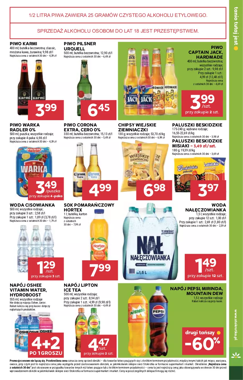 Gazetka promocyjna Stokrotka - Market - ważna 09.10 do 15.10.2025 - strona 23 - produkty: Beskidzki, Captain Jack, Chipsy, Cisowianka, Corona Extra, Gra, Hortex, Ice tea, Karmi, Kawa, Lipton, Mięso, Mirinda, Nałęczowianka, Napój, Oshee, Owoce, Pepsi, Pilsner Urquell, Piwa, Piwo, Radler, Sok, Sok pomarańczowy, Warka, Warzywa, Woda