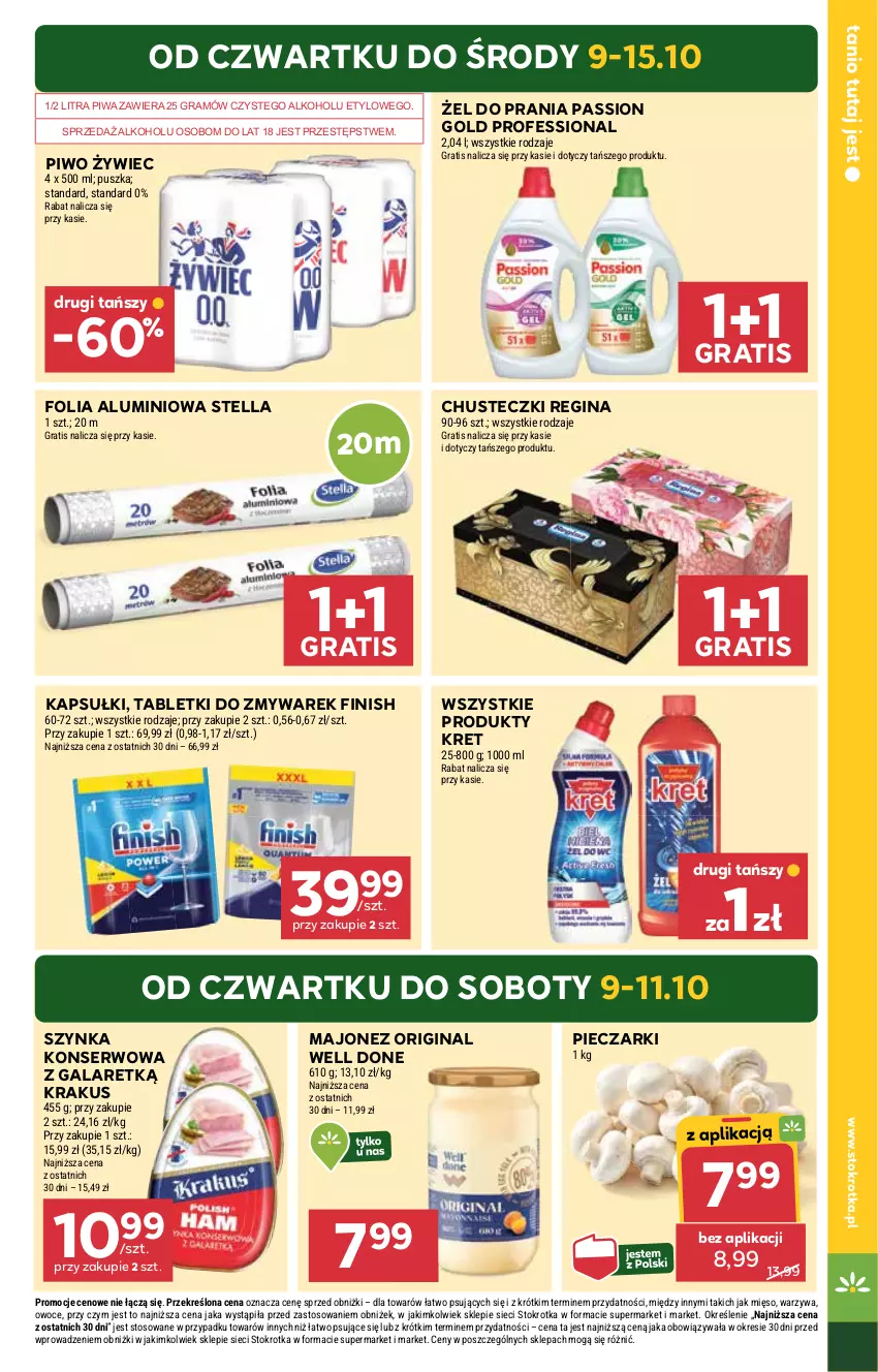 Gazetka promocyjna Stokrotka - Market - ważna 09.10 do 15.10.2025 - strona 3 - produkty: Chusteczki, Finish, Folia aluminiowa, Gala, Gin, Gra, Krakus, Kret, Majonez, Mięso, Owoce, Piec, Piwa, Piwo, Ser, Szynka, Szynka konserwowa, Tablet, Warzywa