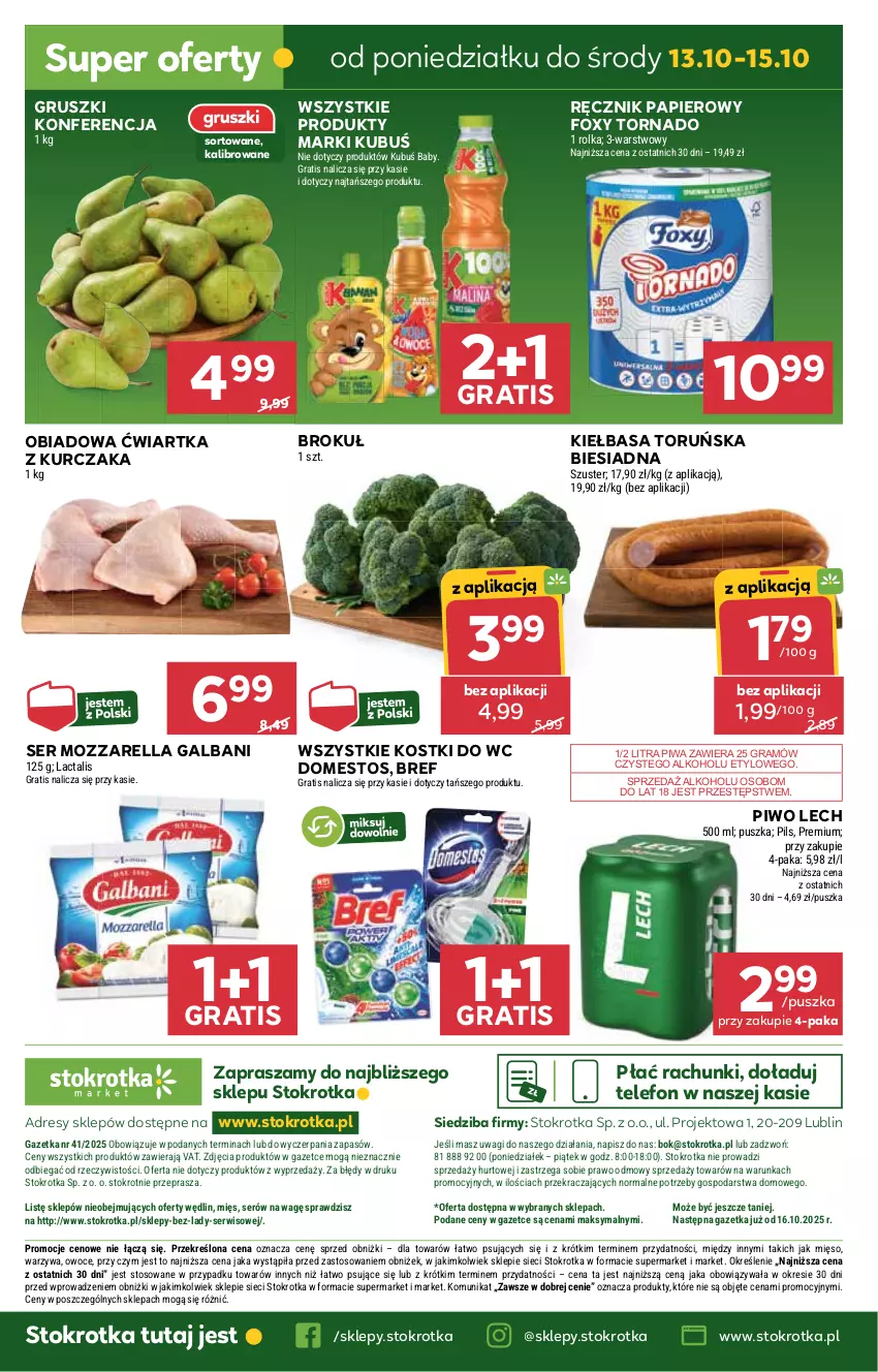 Gazetka promocyjna Stokrotka - Market - ważna 09.10 do 15.10.2025 - strona 32 - produkty: Bref, Domestos, Dres, Foxy, Galbani, Gra, Gruszki, JBL, Kiełbasa, Kubuś, Kurczak, Mięso, Mozzarella, O nas, Owoce, Papier, Piwa, Piwo, Ręcznik, Ser, Telefon, Wagi, Warzywa