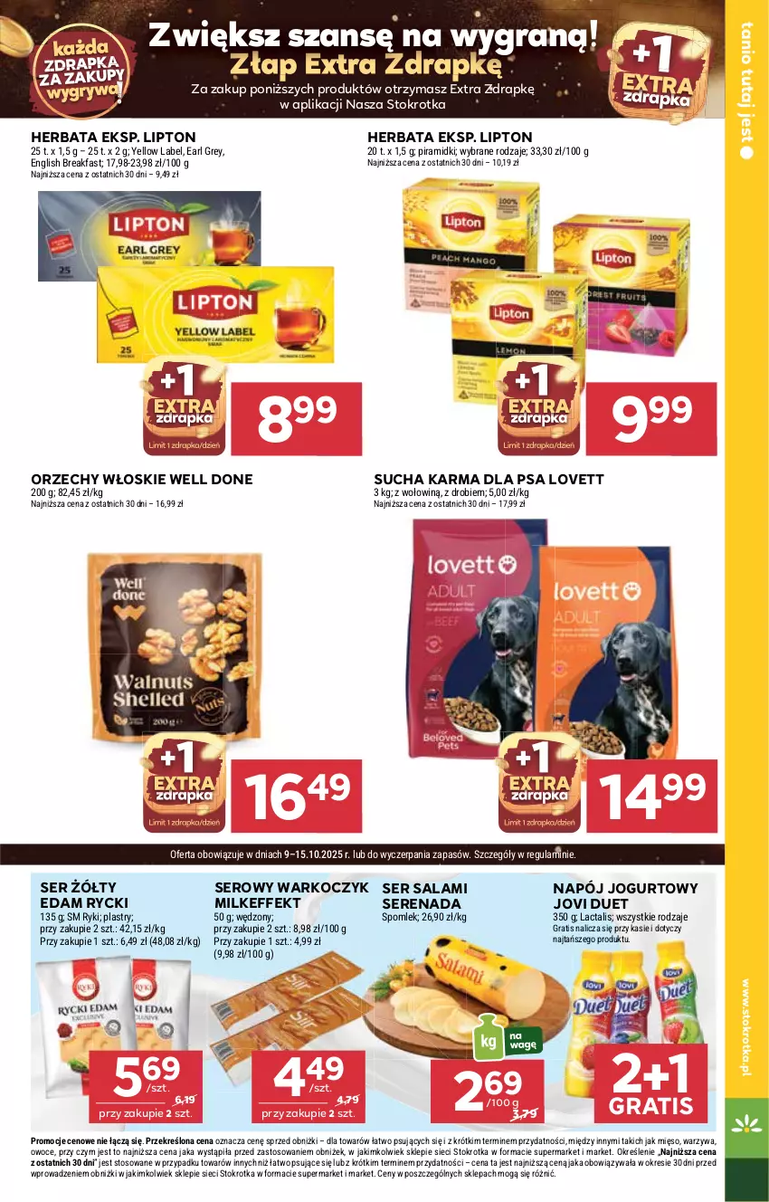 Gazetka promocyjna Stokrotka - Market - ważna 09.10 do 15.10.2025 - strona 5 - produkty: Earl Grey, Edam, Fa, Gra, Gry, Herbata, Jogurt, Koc, Lipton, Mięso, Napój, Napój jogurtowy, Orzechy włoskie, Owoce, Salami, Ser, Ser salami, Sucha karma, Warzywa