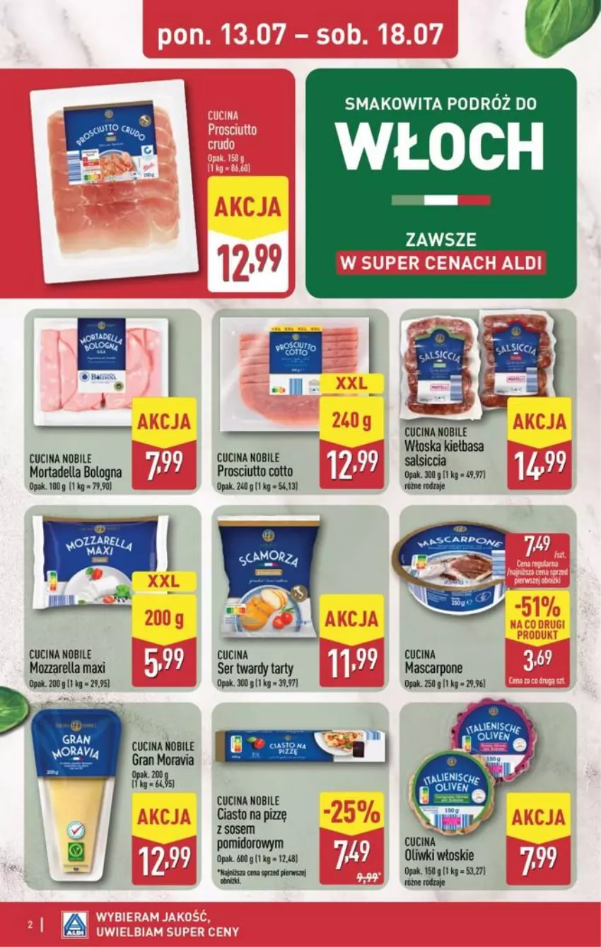 Gazetka promocyjna Aldi - Smakowita podróż do Włoch - ważna 13.07 do 18.07.2026 - strona 2 - produkty: Dell, Gra, Mascarpone, Mortadella, Mozzarella, Oliwki, Prosciutto, Ser, Smakowita